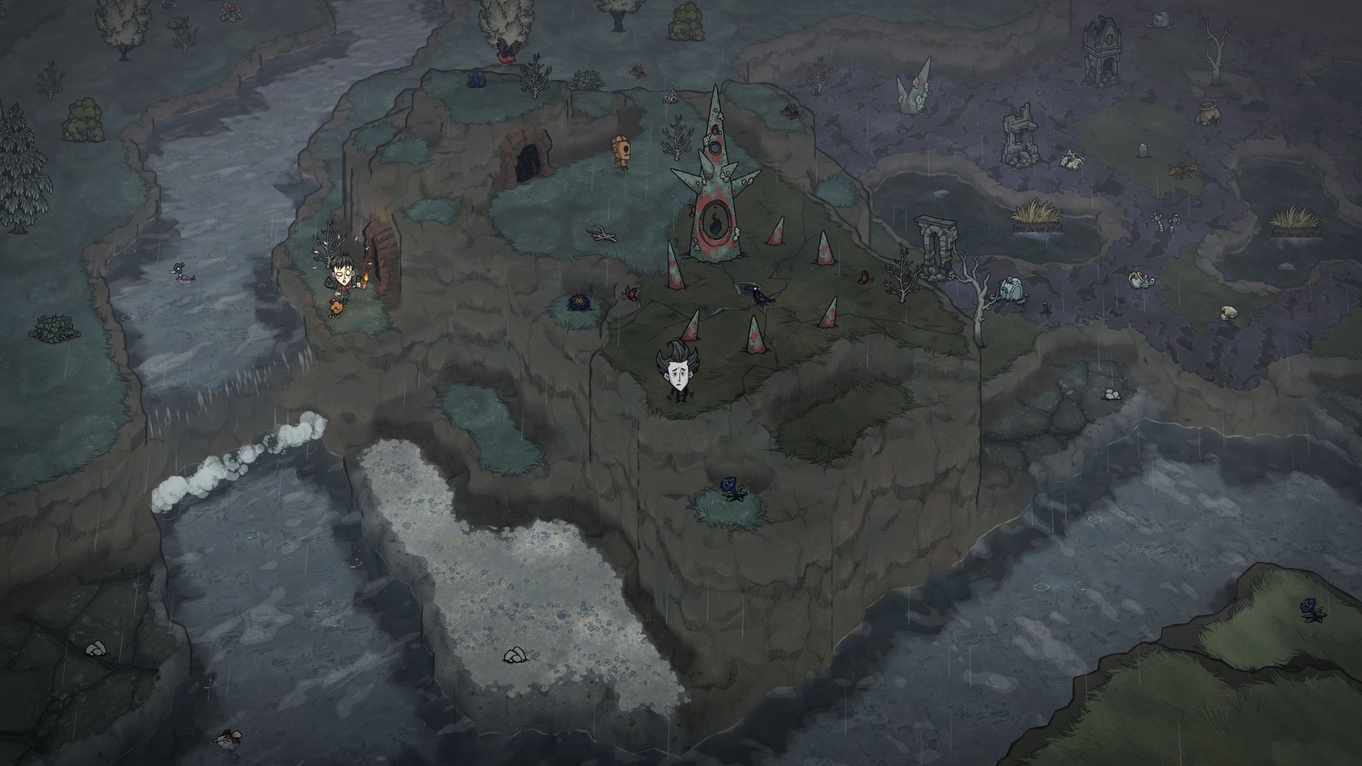 Wilson exploring a wide multi-tiered wilderness vista in the official reveal still