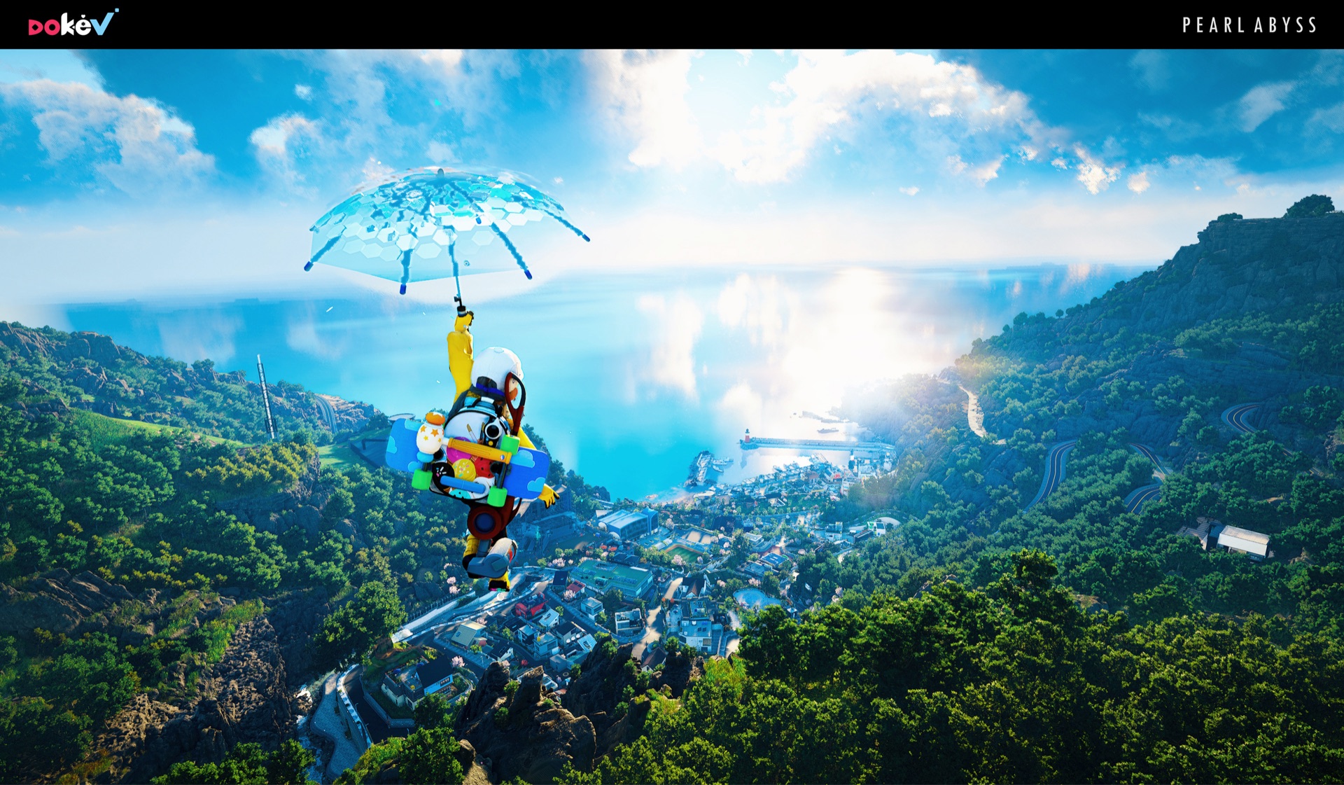 Official DokeV screenshot of a character gliding beneath an open parasol high above a coastal town