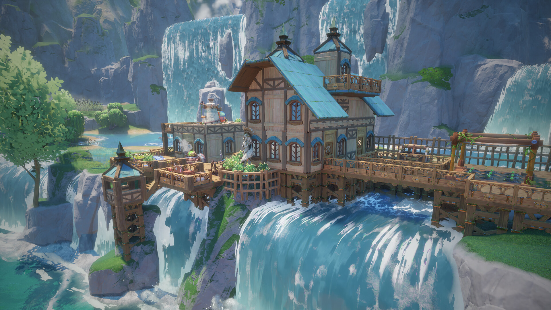 Timber house with a blue roof built on a cliff platform above waterfalls, with decks and crop plots