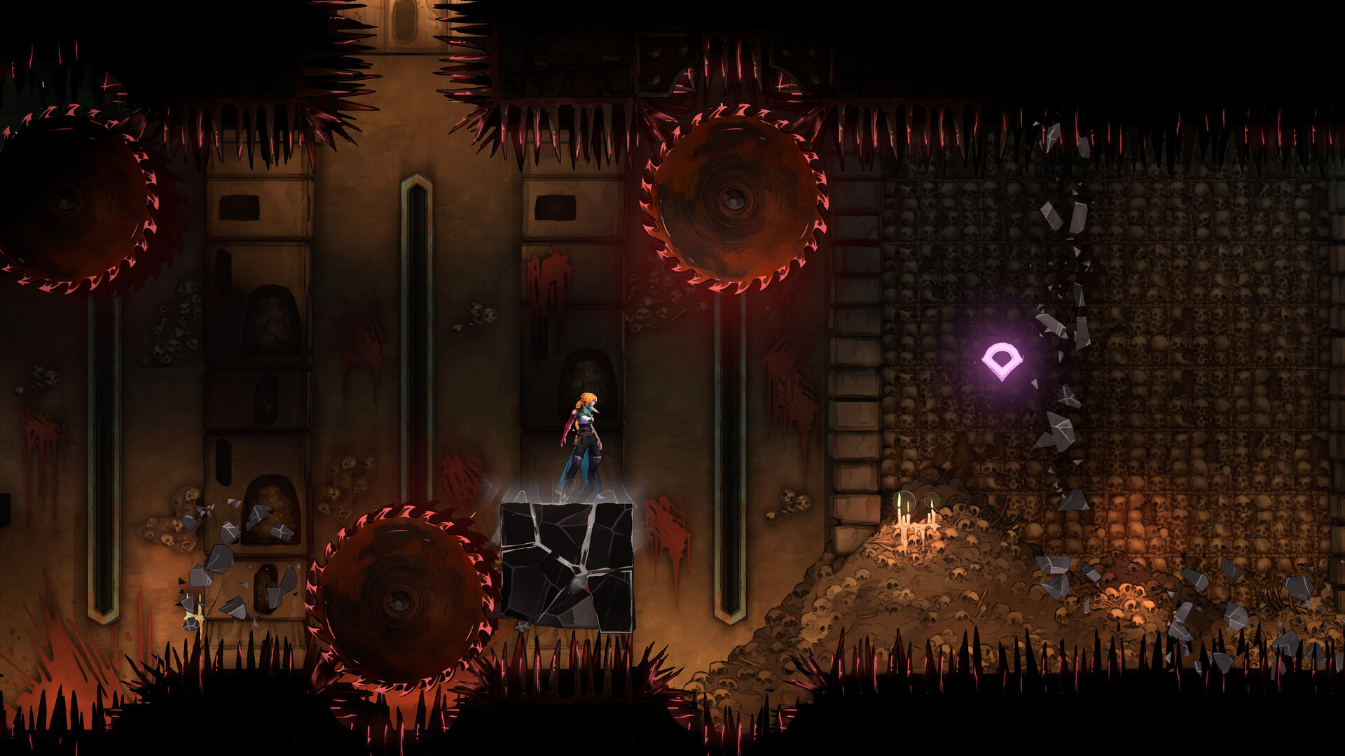 Rose stands on a cracked platform between spinning saw blades in a catacomb chamber walled with stacked skulls