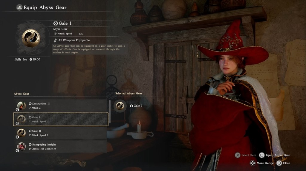 Abyss gear customization interface for adding stats to weapons and armor