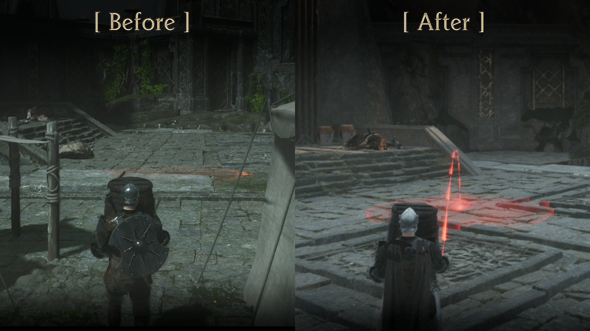 Side by side comparison of an incoming enemy attack indicator, faint and hard to read on the left, bright red and clearly outlined on the right