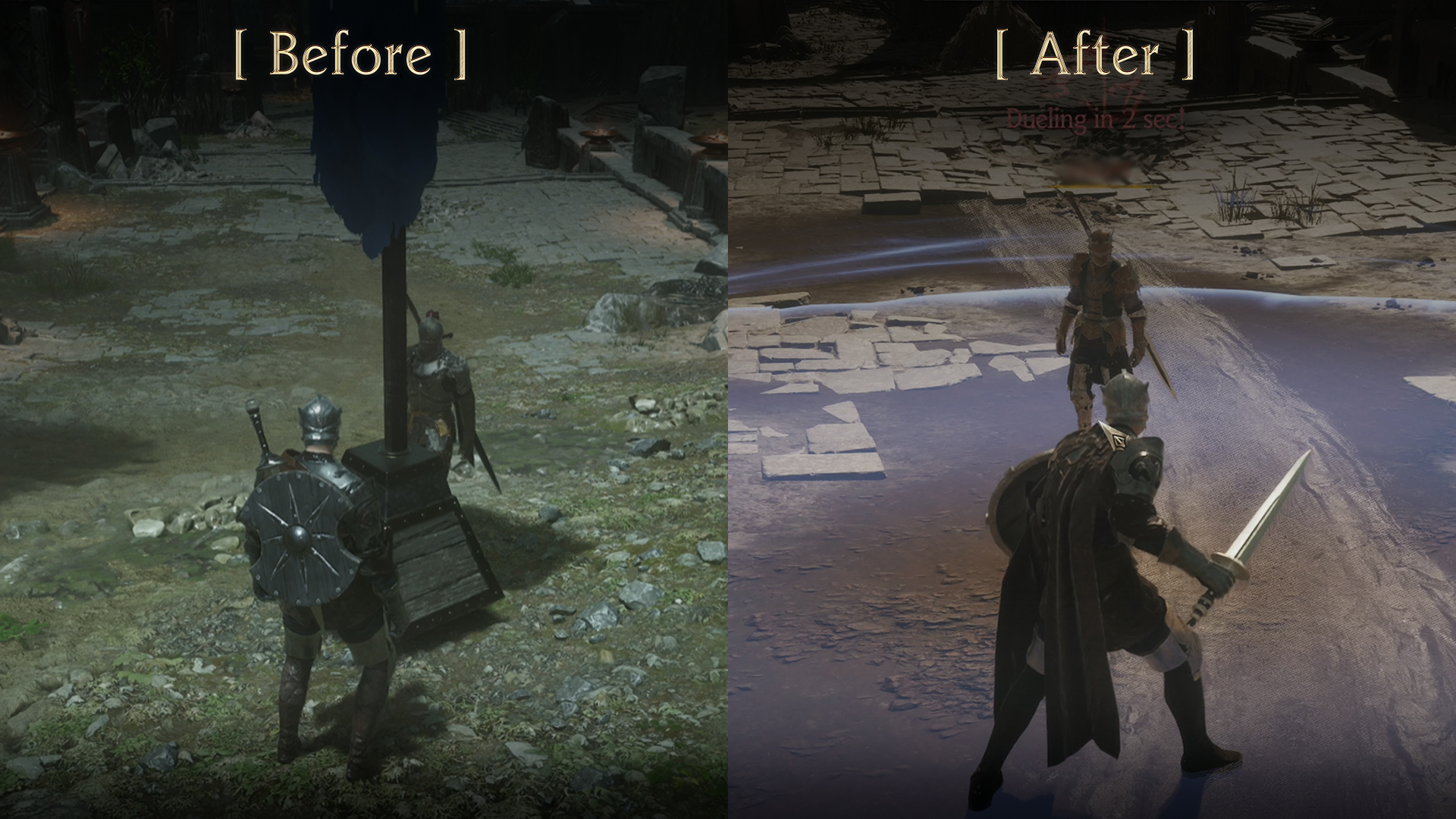 Side by side comparison of a duel before and after the rework, showing a plain outdoor duel on the left and a marked duel arena with a countdown on the right