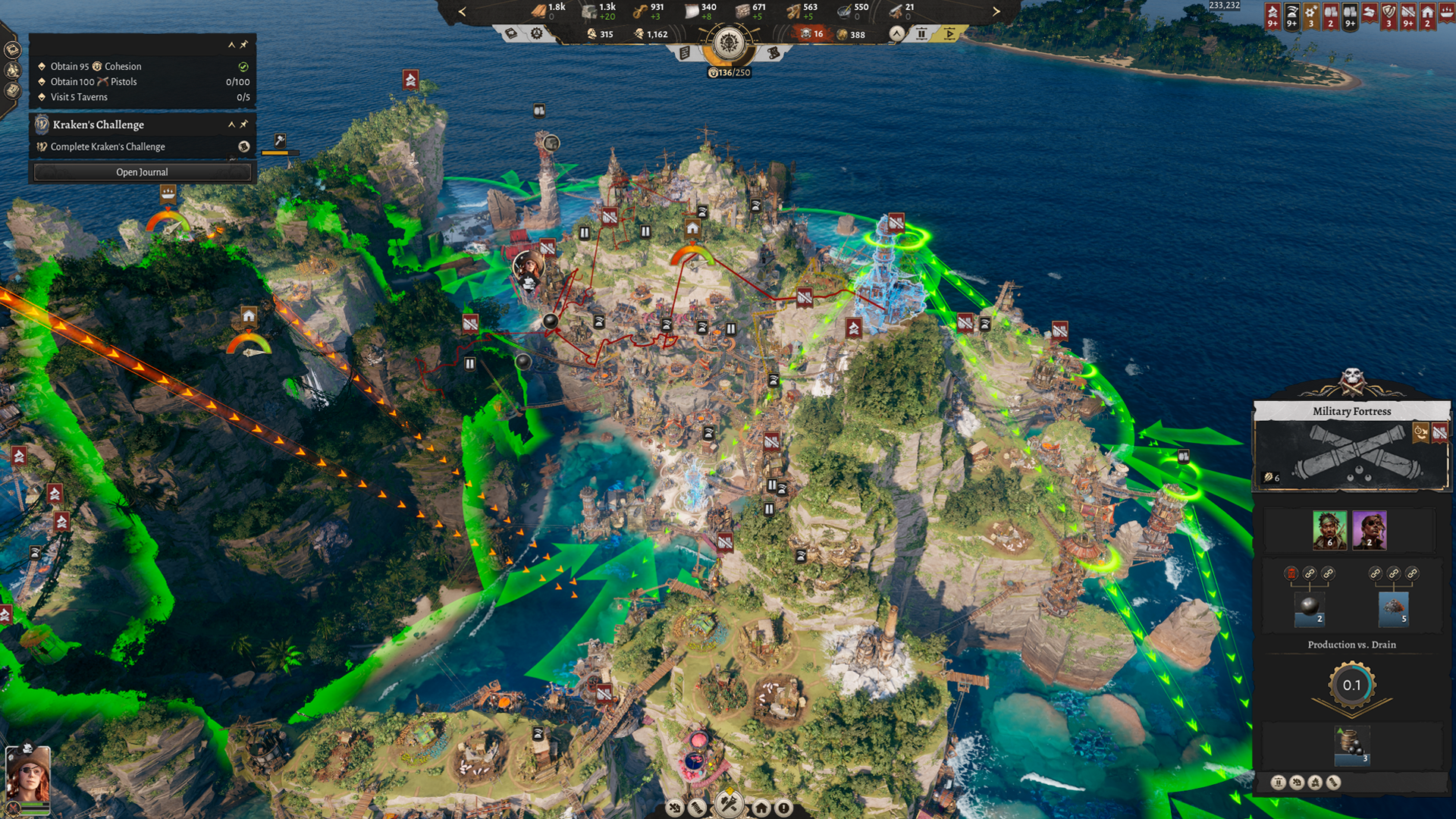Fortified pirate stronghold built into the cliffs with defensive structures overlooking the water