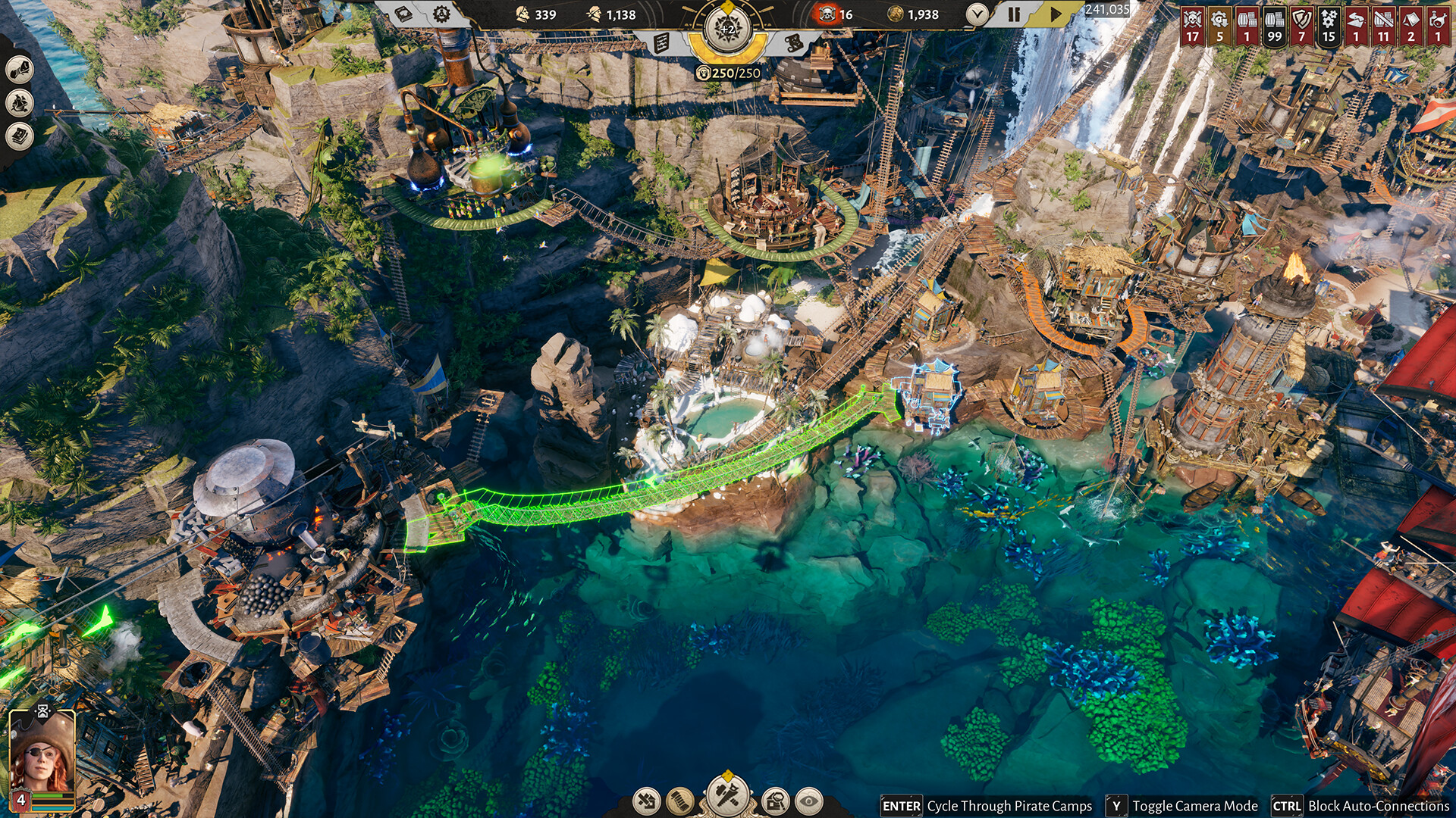 A rope bridge being placed across a lagoon between two cliff-top districts of a pirate haven, with the green placement guide and auto-connection prompt visible