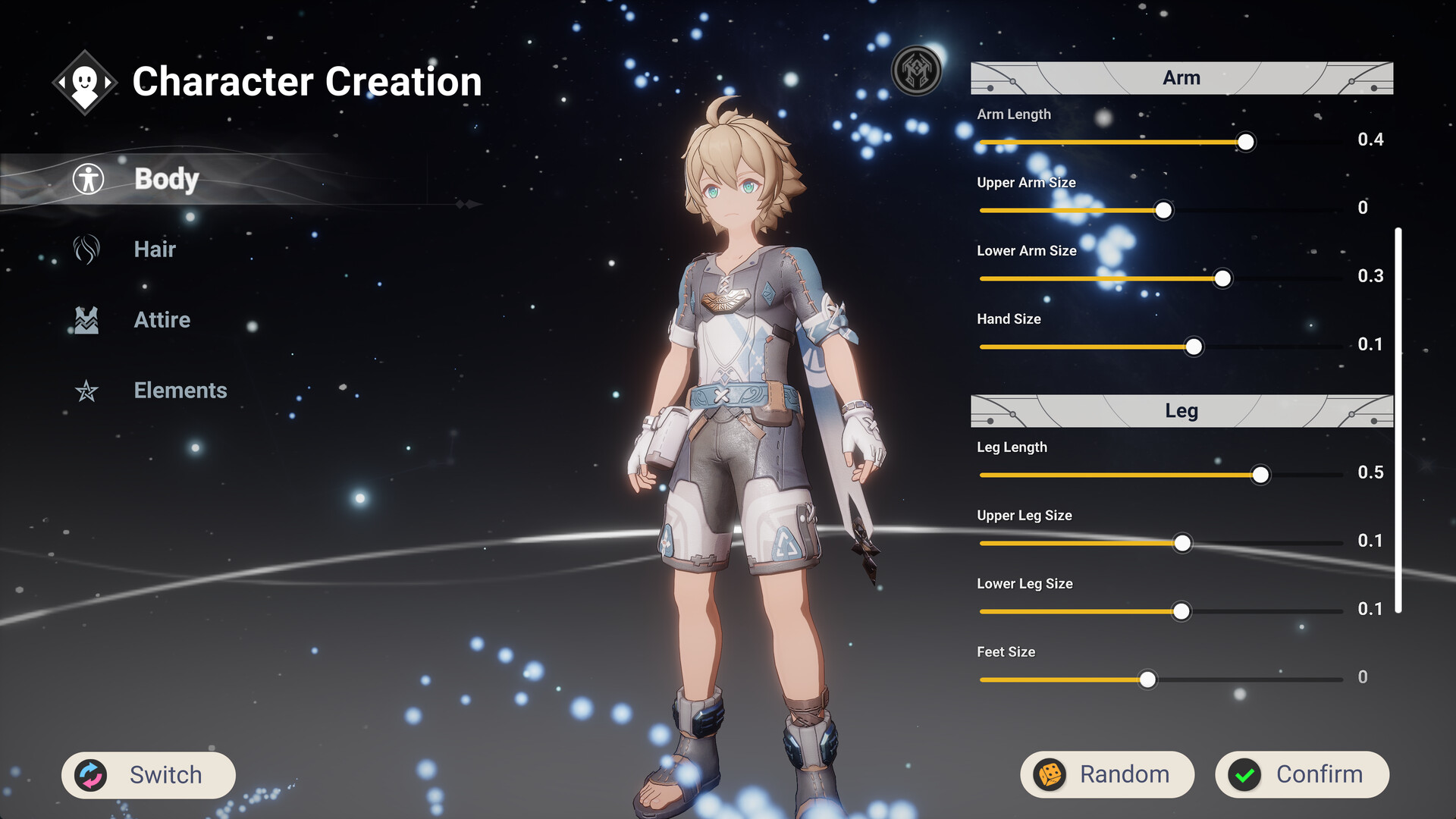 Character creation screen on the Body tab with arm and leg size sliders