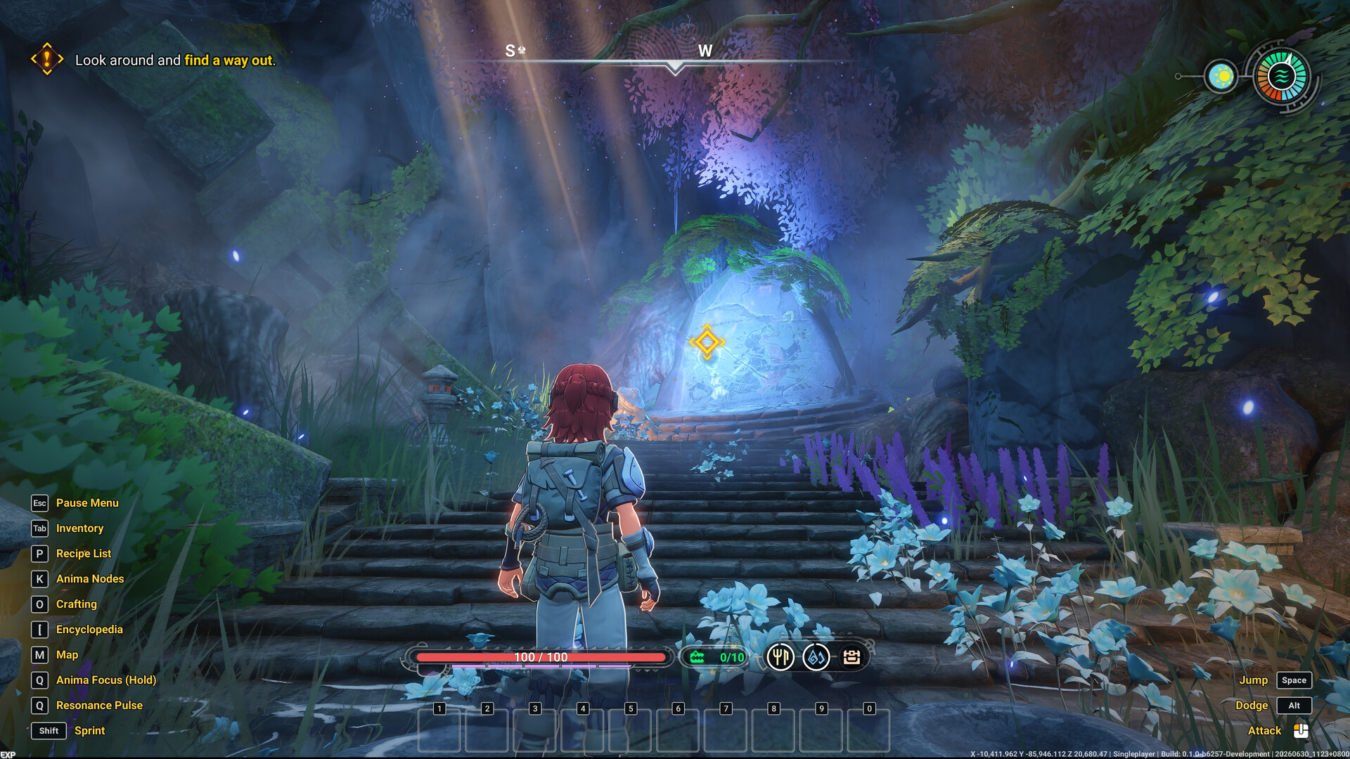 Opening quest to find a way out, with the health bar and empty hotbar on screen