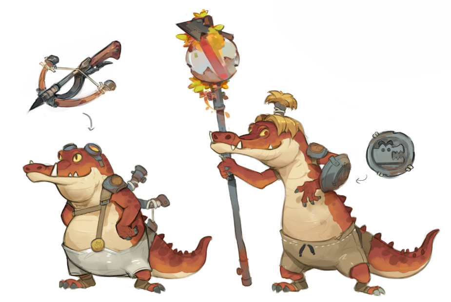 Official concept art of two Apricrocs, the crocodile-like sentient species of Northern Eufaula, one wearing goggles and carrying strapped equipment beside a crossbow, the other holding an ornate staff with a metal shoulder plate and a crude round shield