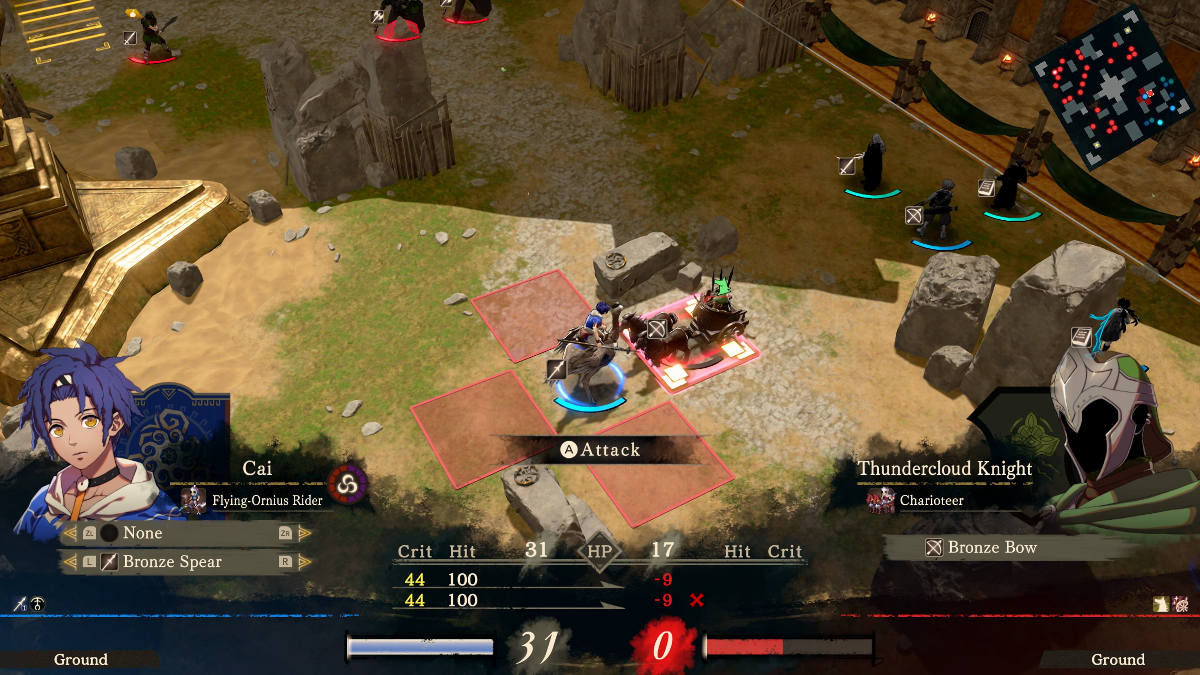 Grid battle map with Cai on an Ornius attacking an enemy chariot, the combat forecast open at the bottom