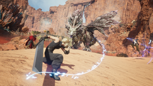 The party fights an enormous winged Weapon across desert canyons in Final Fantasy VII Revelation