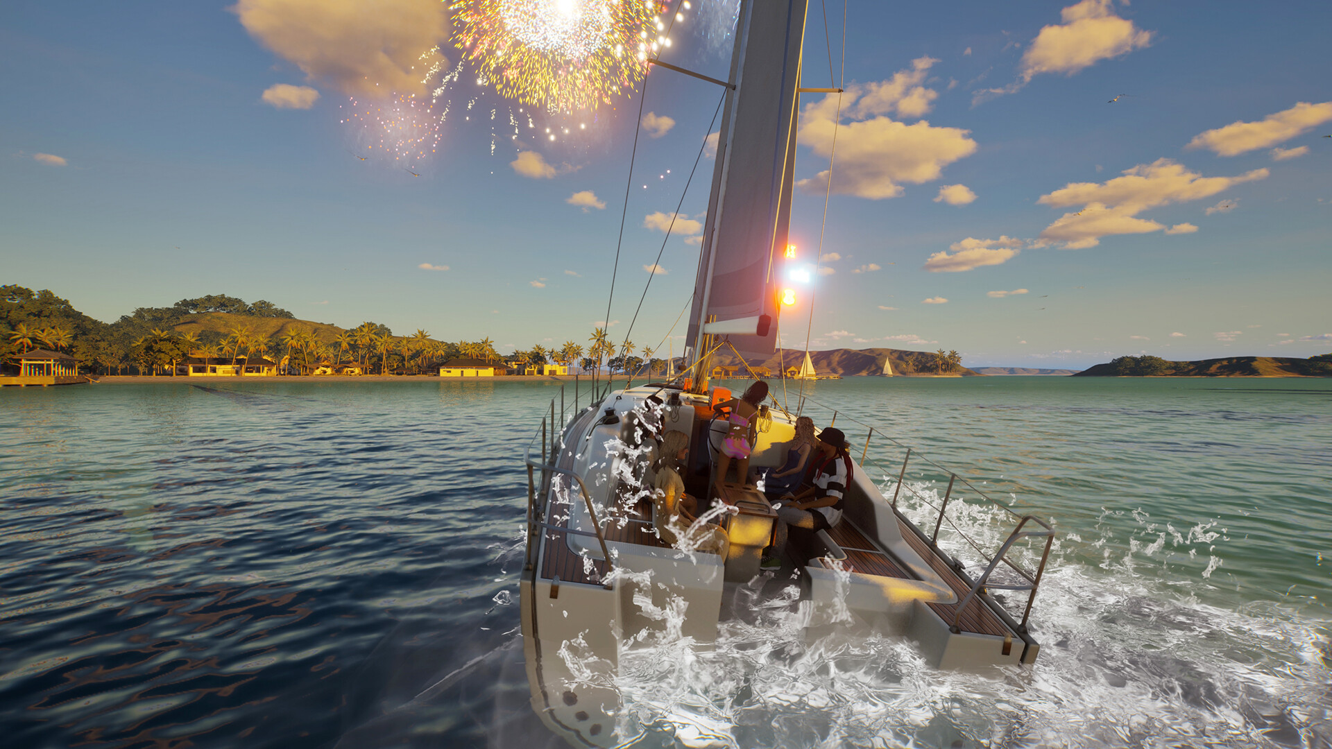 Zois sailing a yacht through island waters at sunset while fireworks burst overhead