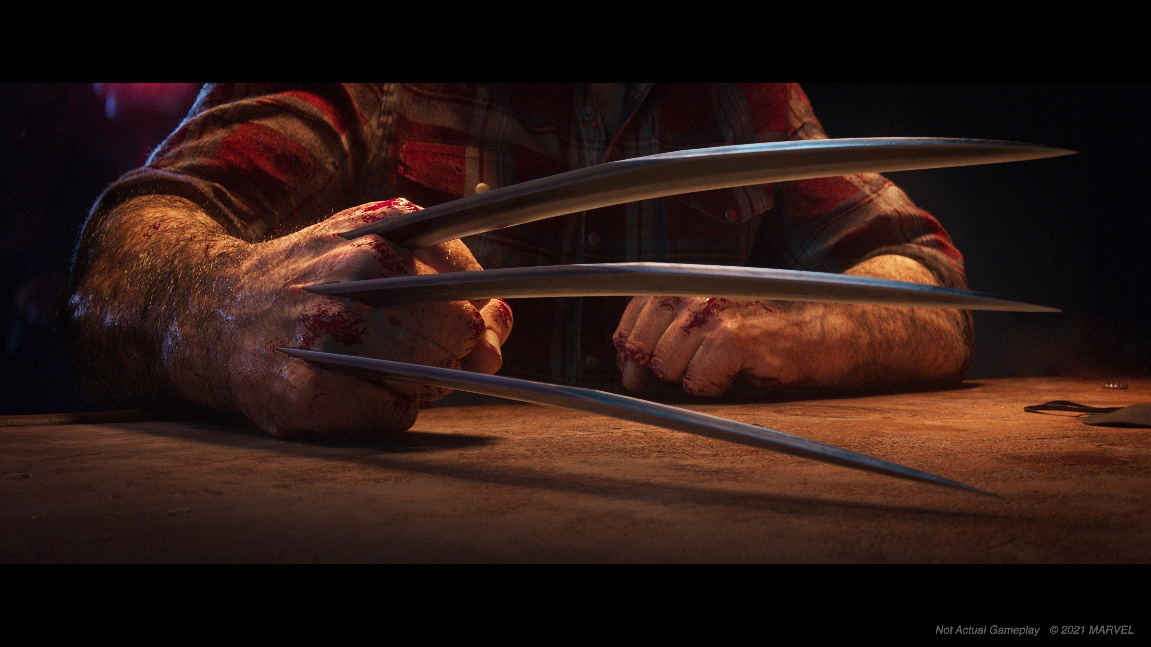 Close-up of Logan's blood-covered hands resting on a bar top with all six claws fully extended