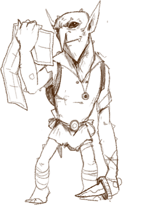 Concept sketch of a Goblin in a waistcoat reading a sheet of paper