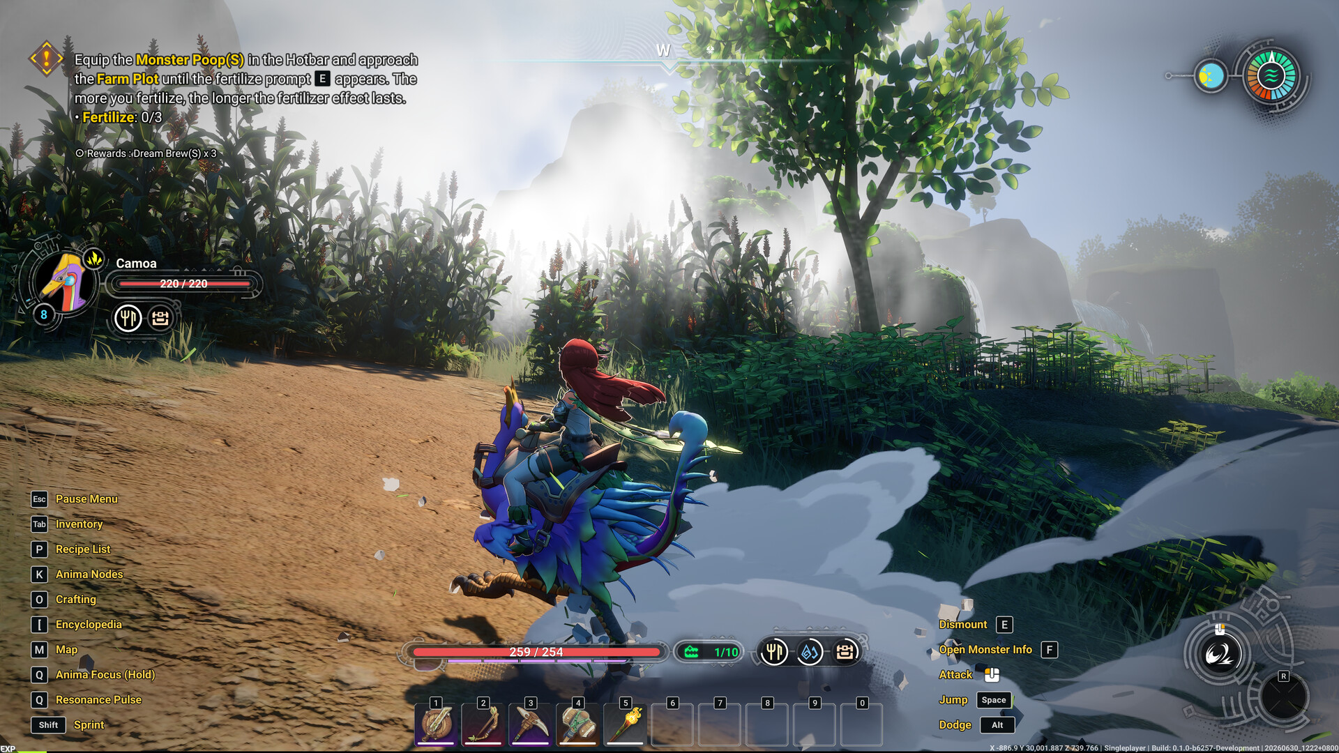 Player riding a Camoa with an on-screen quest to fertilize a Farm Plot using Monster Poop
