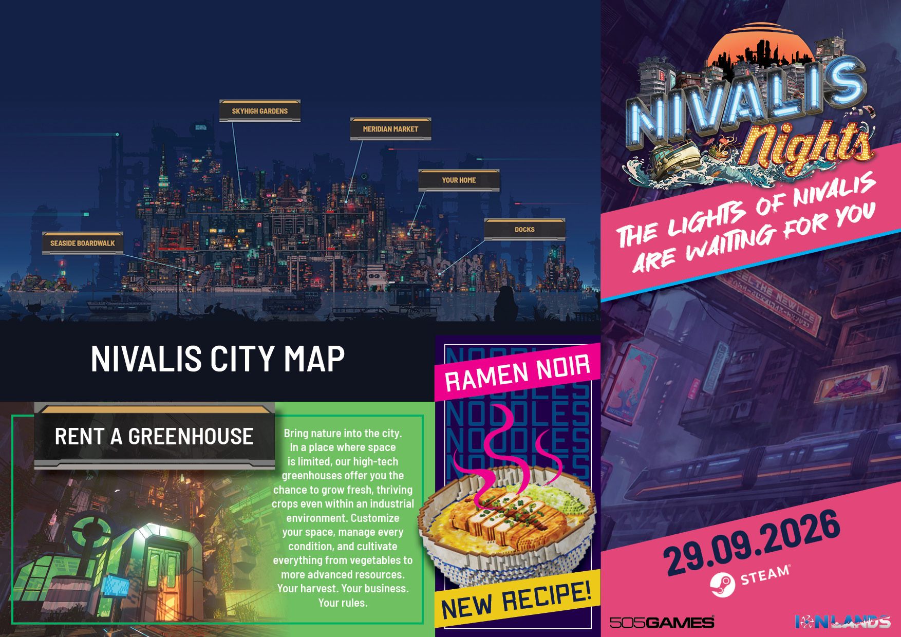 Outer pages of the official Nivalis Nights tourist brochure, with the labelled city map marking Seaside Boardwalk, Skyhigh Gardens, Meridian Market, Your Home and the Docks, a greenhouse rental panel and a Ramen Noir poster