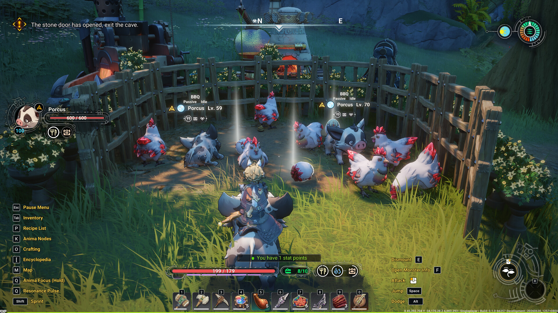 Player riding a Porcus beside a wooden pen holding two more Porcus and crystal-crested birds