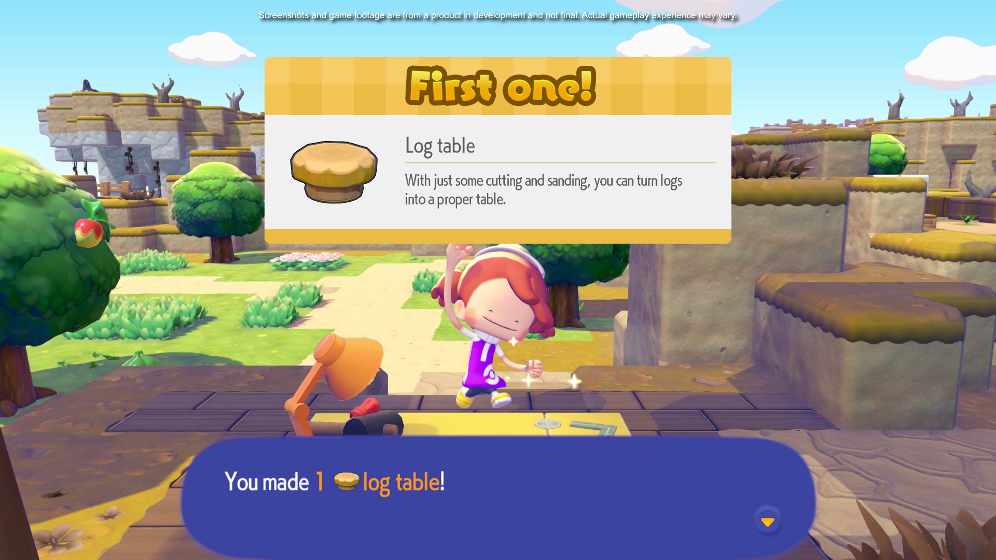 Player crafting their first Log Table at the workbench. This shows the crafting completion UI with item description