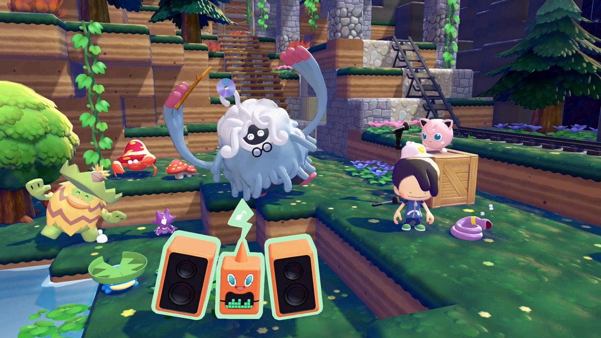 A lively outdoor concert with Tangela conducting, Jigglypuff singing, and DJ Rotom providing beats among other Pokemon