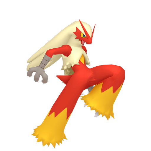 Blaziken sprite from Pokemon Pokopia showing the Blaze Pokemon with Burn and Build specialties