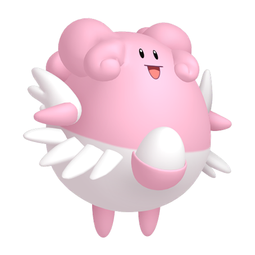 Blissey sprite from Pokemon Pokopia showing the Happiness Pokemon with Trade and Litter specialties