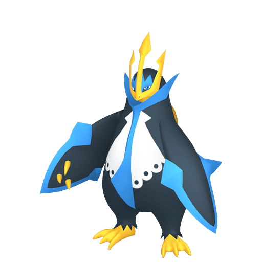 Empoleon sprite from Pokemon Pokopia showing the Emperor Pokemon with Water and Trade specialties