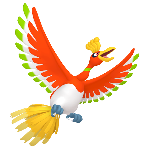 Ho-Oh sprite from Pokemon Pokopia showing the Rainbow legendary Pokemon summoned with Clear Bell