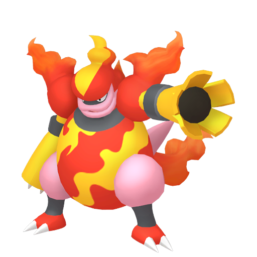 Magmortar sprite from Pokemon Pokopia showing the Blast Pokemon with Burn and Crush specialties