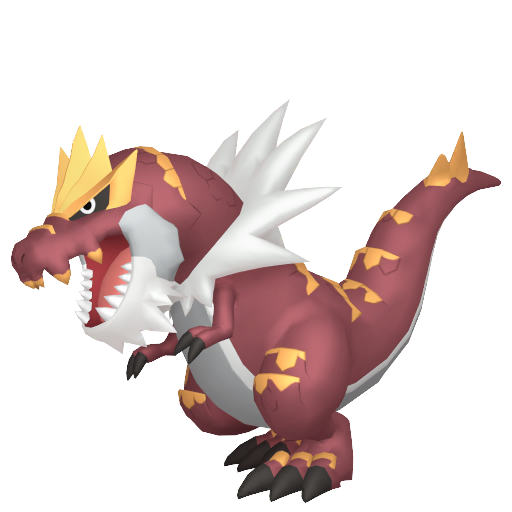 Tyrantrum sprite from Pokemon Pokopia showing the Despot Pokemon with Litter and Crush specialties