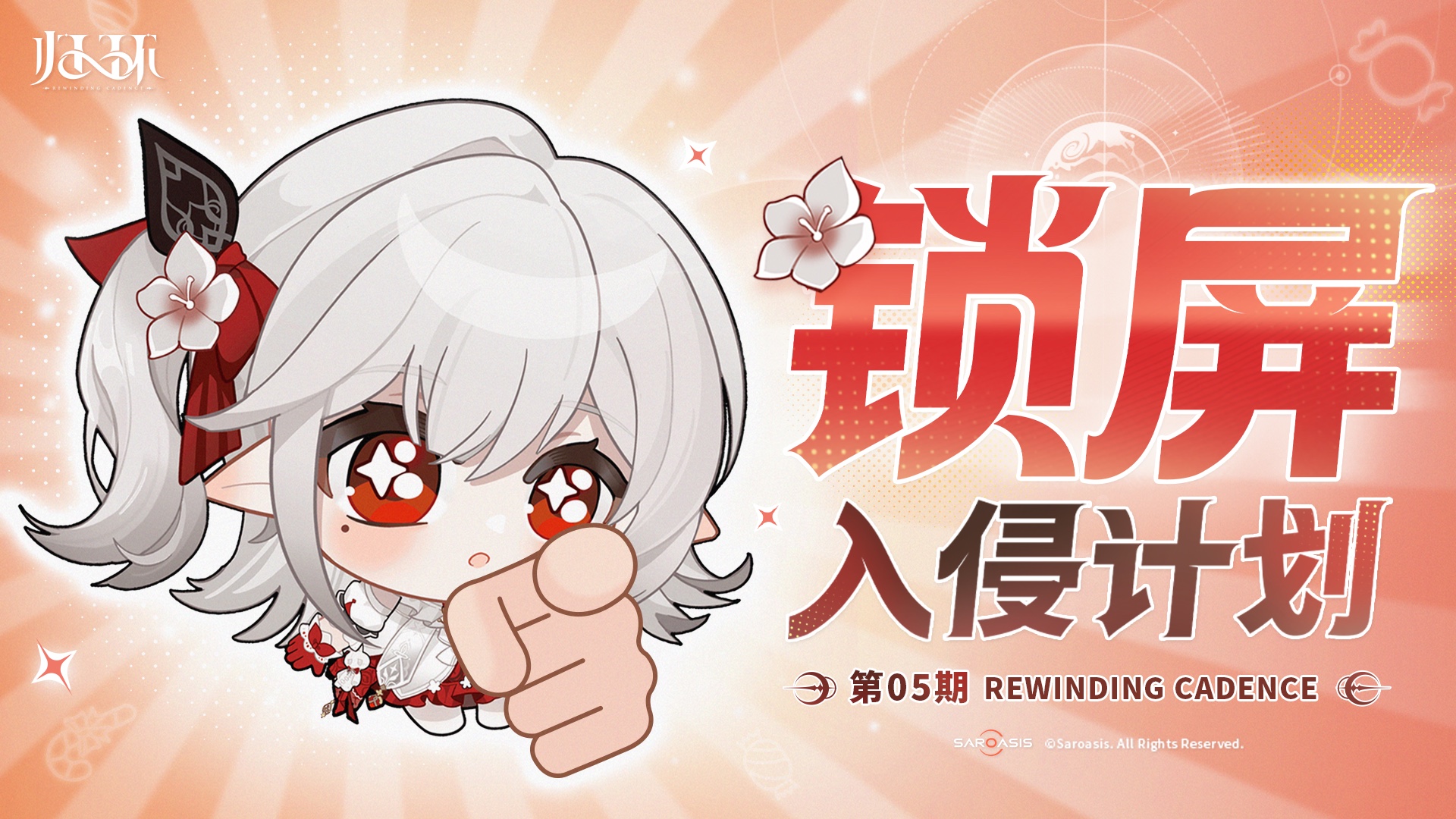 Official banner for the fifth edition of the Rewinding Cadence lock-screen wallpaper series 锁屏入侵计划: a white-haired chibi character with red eyes points at the viewer beside the series title, marked 第05期 REWINDING CADENCE with a Saroasis copyright line.