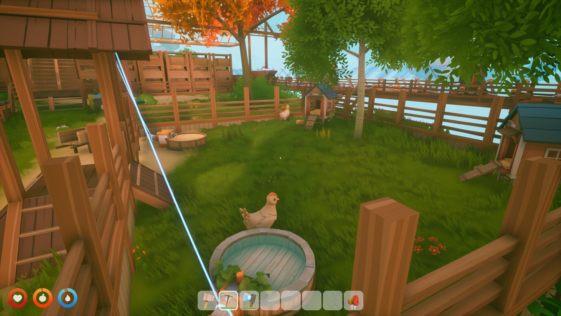 A fenced Solarpunk chicken yard with a hen perched on a round water trough and two named coops under an autumn maple