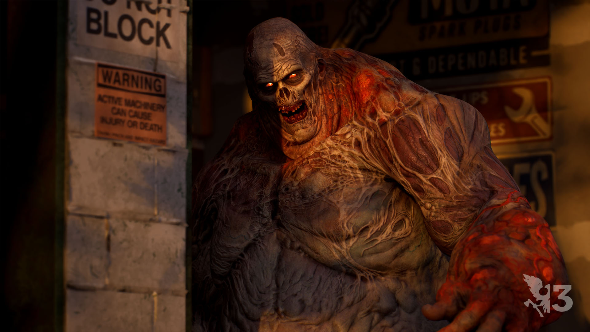 A Juggernaut leans out from behind a wall inside a derelict auto repair shop, its bloated torso streaked with exposed red tissue and one eye glowing.