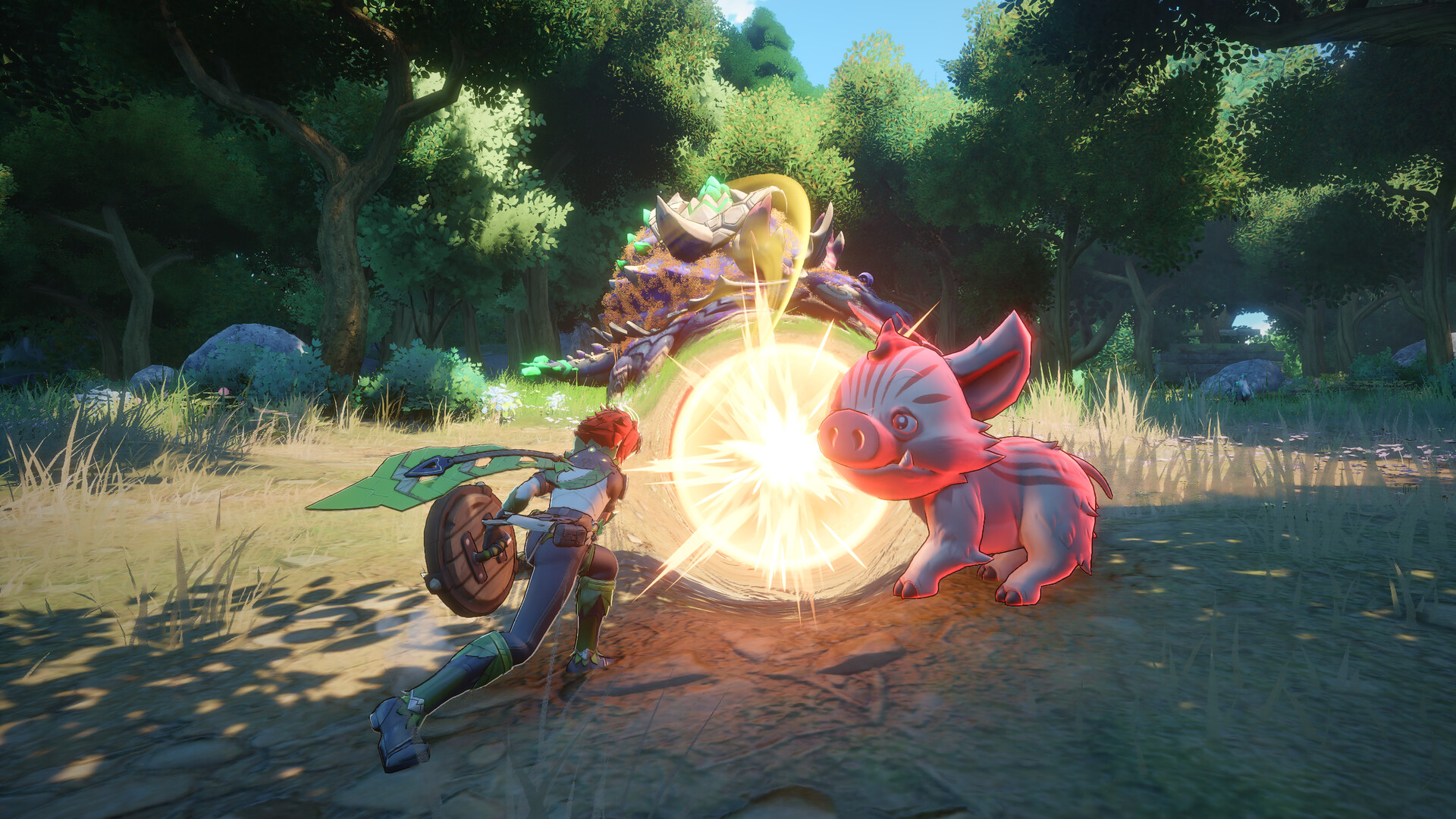 Player with a leaf blade sword and round wooden shield striking a pink piglet creature