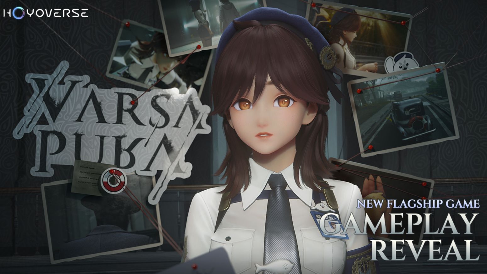 Hollowone in SEAL officer uniform at a desk in headquarters, with floating polaroids of demo scenes around her and the Varsapura logo on the left
