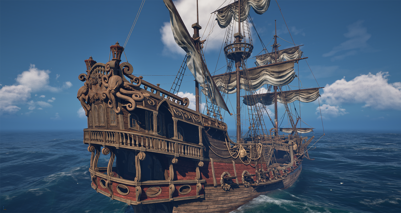 Work-in-progress Brethren of the Coast galleon variant with a carved octopus motif across the stern gallery