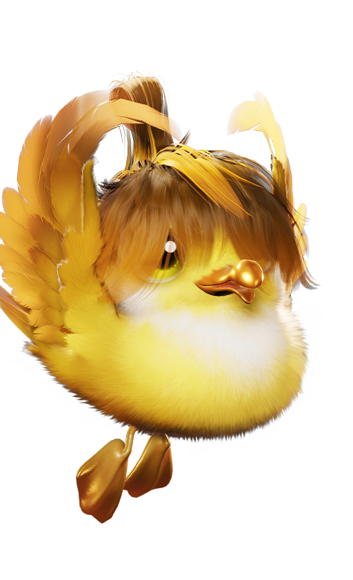 Official full-body artwork of the Aniimo Chirpi in its Highland Form, a Wind and Grass element Support role creature
