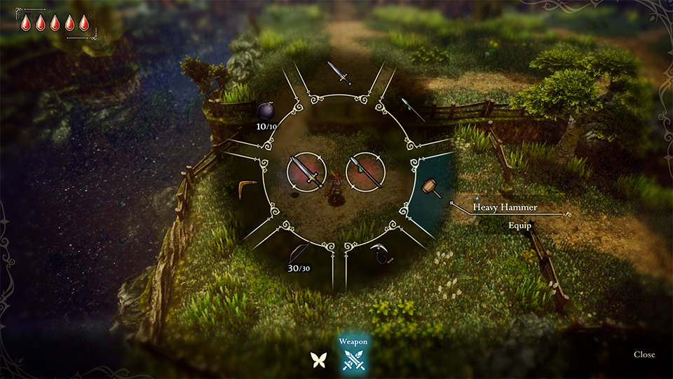 The weapon shortcut ring with all seven weapon types around the edge, a Heavy Hammer selected for equipping, and the two equipped weapon slots in the centre