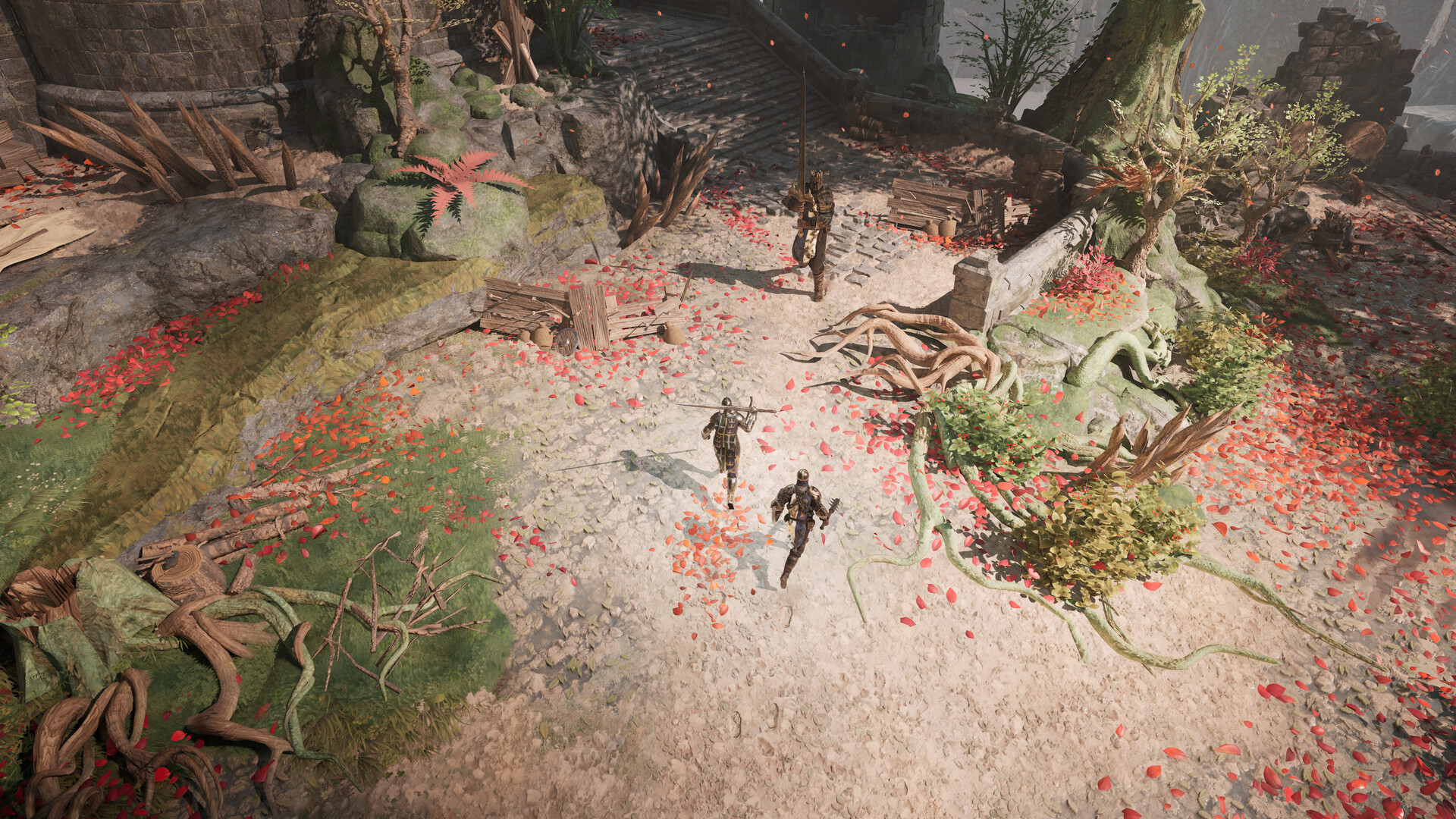 Two knights in different armour and weapon loadouts cross a ruined courtyard, the visible result of separate crafting choices