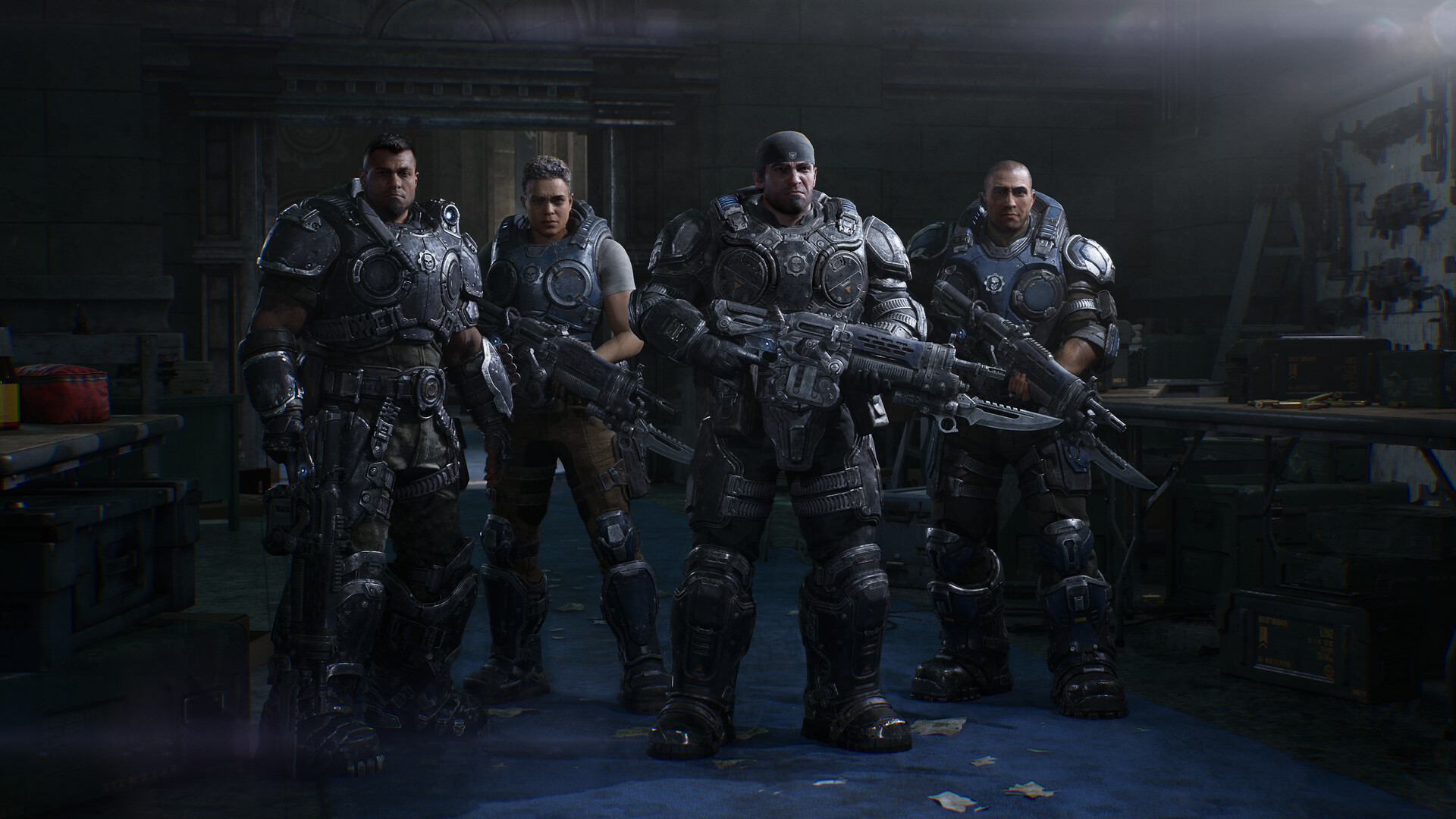 Bravo Squad stands together in full armour with weapons ready before deployment