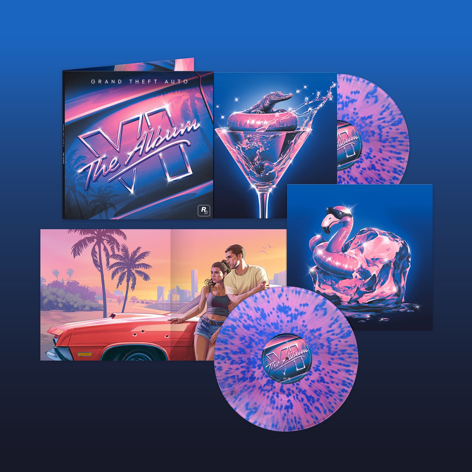 Grand Theft Auto VI: The Album on vinyl, showing the gatefold sleeve artwork and two transparent magenta discs with blue splatter