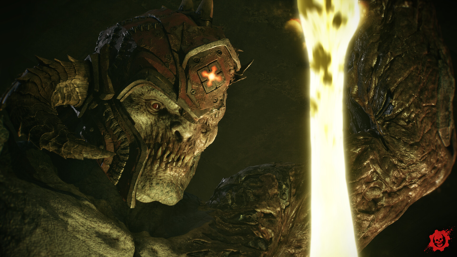 An armoured Locust beast with a glowing emblem on its shoulder plate crouches beside a shaft of light
