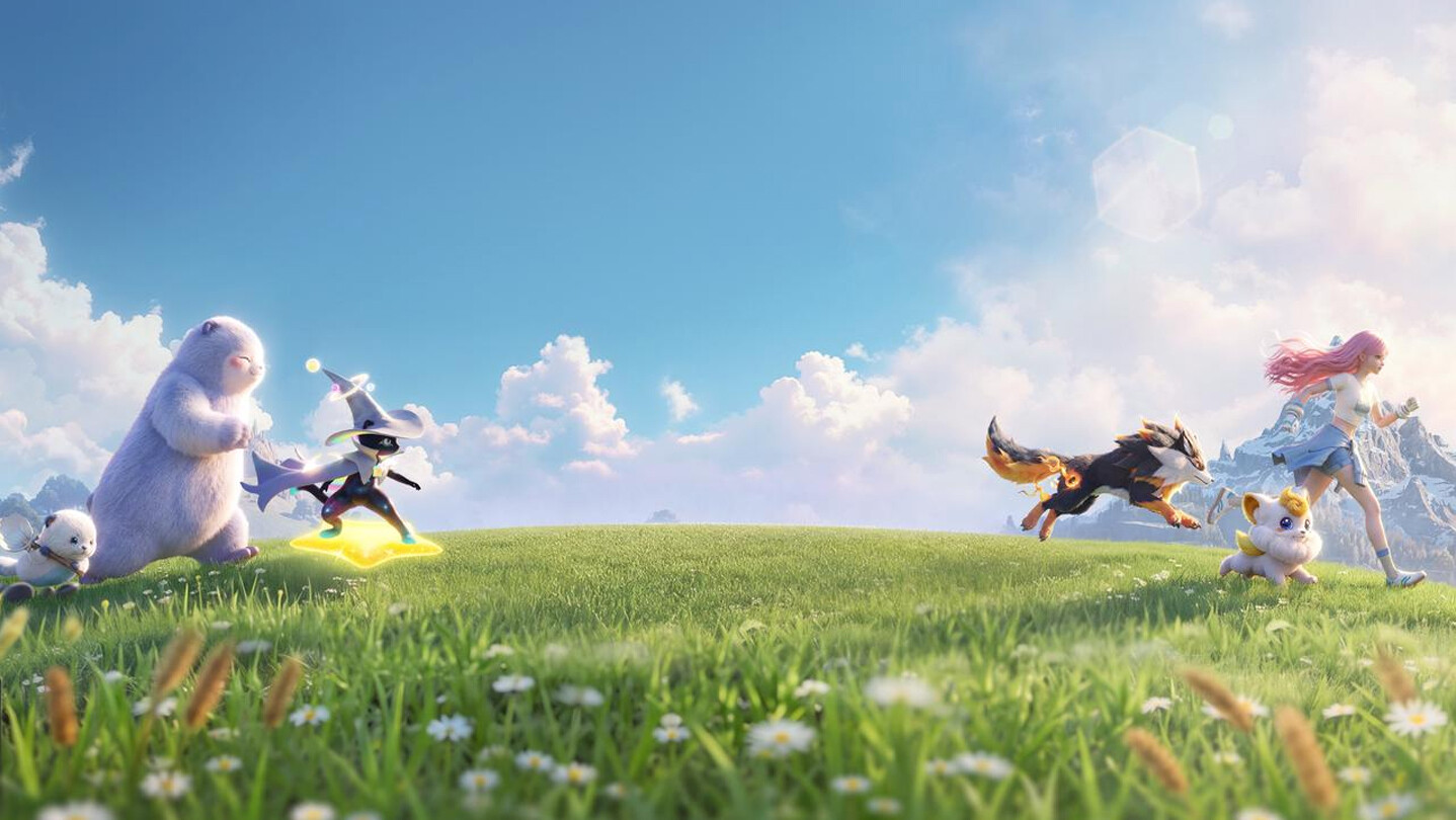 Wide banner art of Pathfinders and Aniimo running together across a flowering green meadow