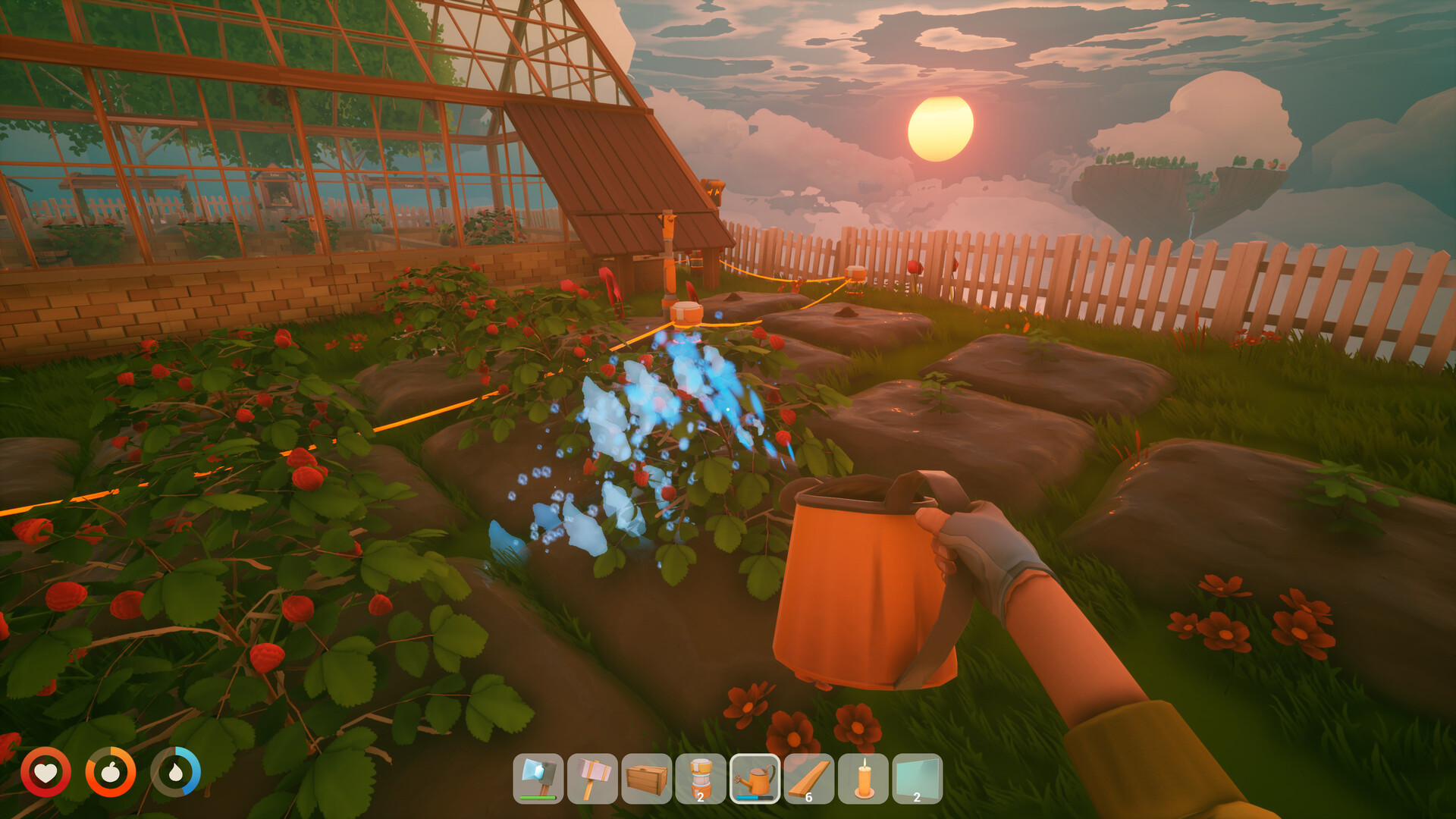 Watering raspberry bushes with a watering can at sunset in Solarpunk, beside an A-frame glass greenhouse with power cables strung between low posts