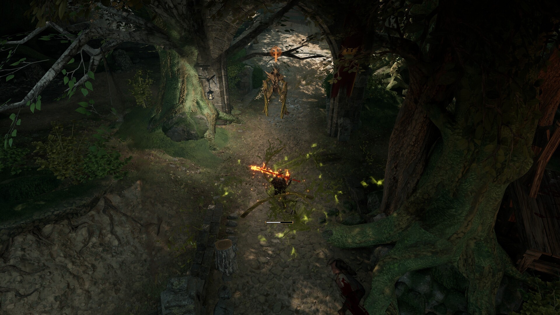 A Twilight Knight cuts down a corrupted creature with a burning weapon in an overgrown forest ruin