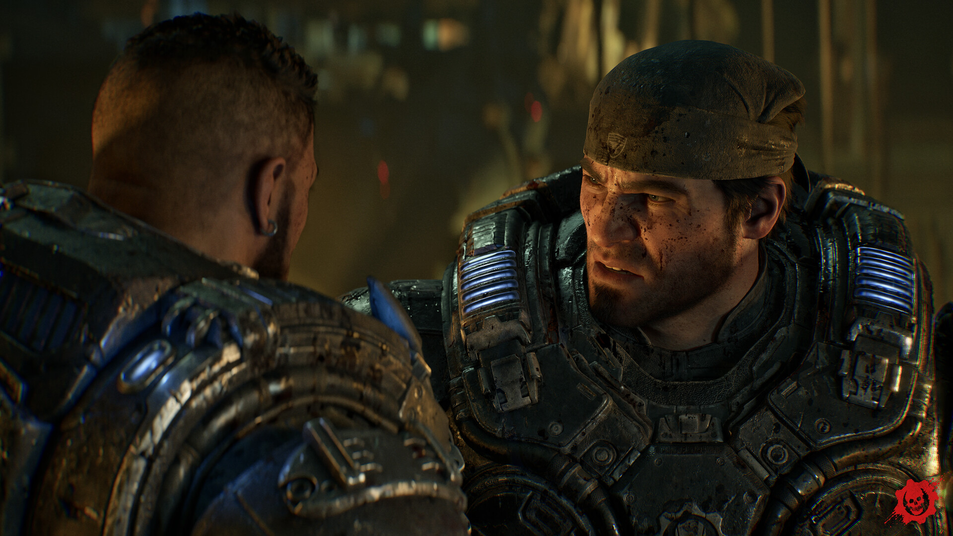 Two Gears talk closely in a ruined street at night, one wearing a bandana