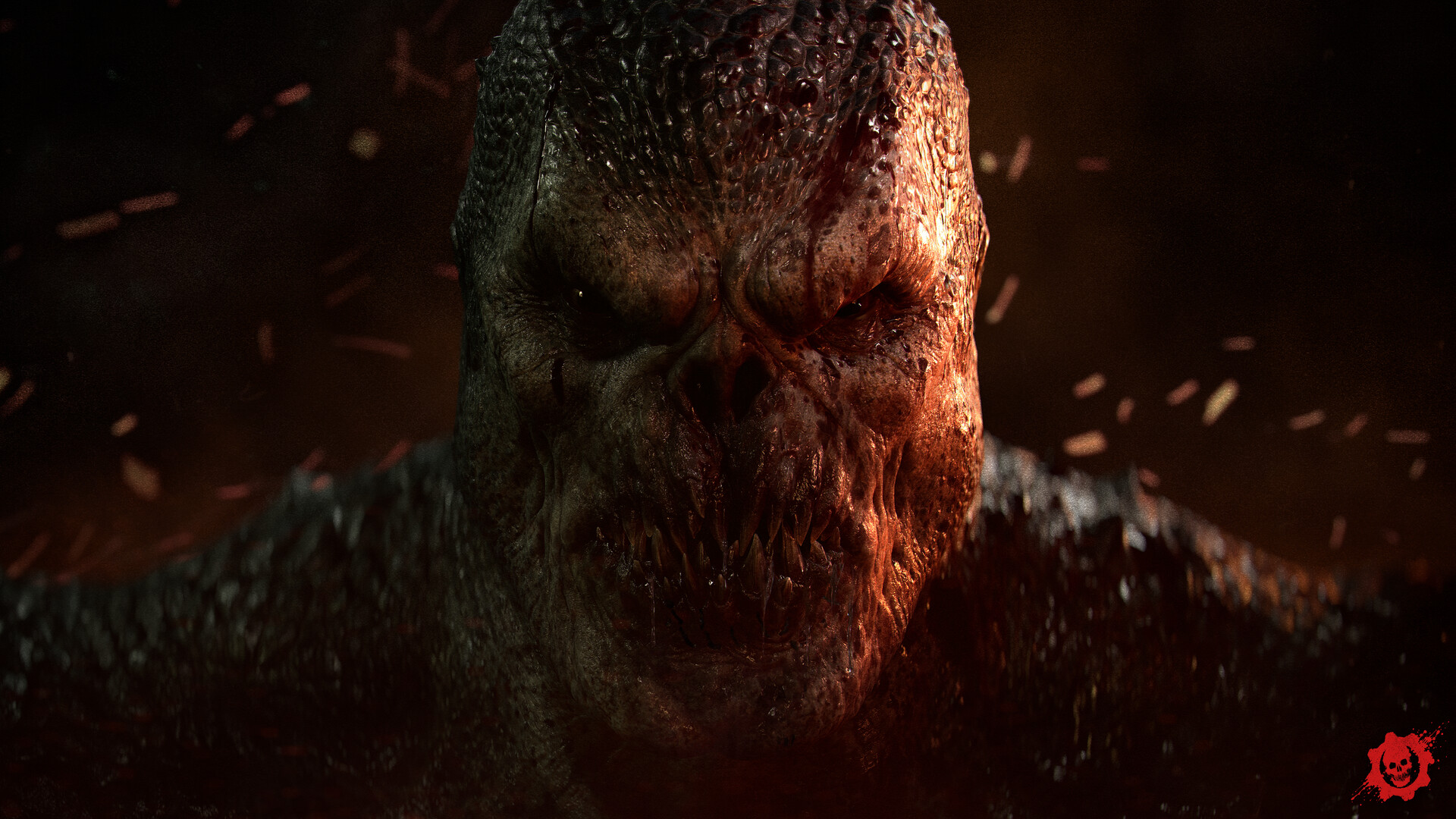 Close view of a large Locust creature’s scarred head lit from below by embers