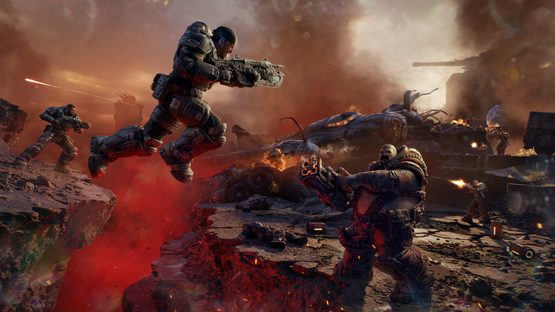 A Gear leaps across a broken street firing a Lancer while a Boomer returns fire from below