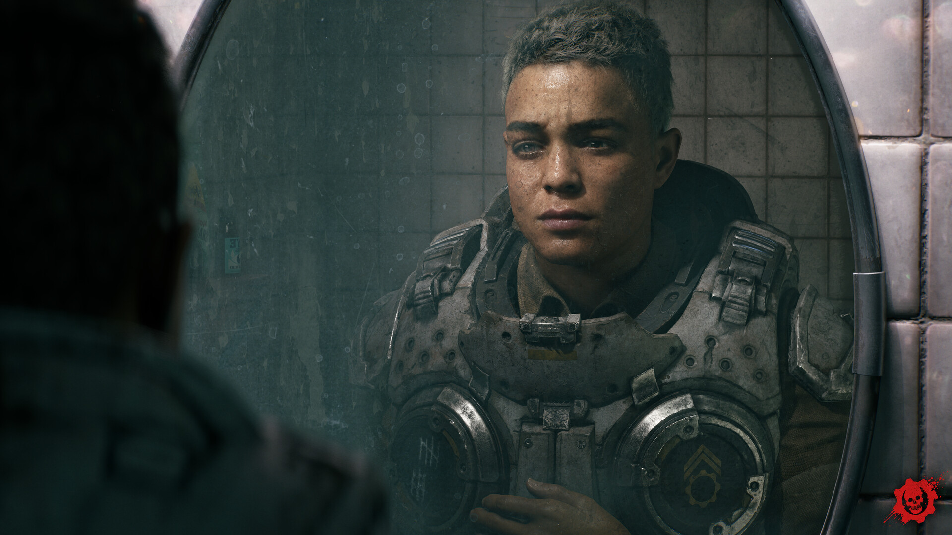 A Gear studies her reflection in a cracked mirror, tally marks scratched into her chestplate
