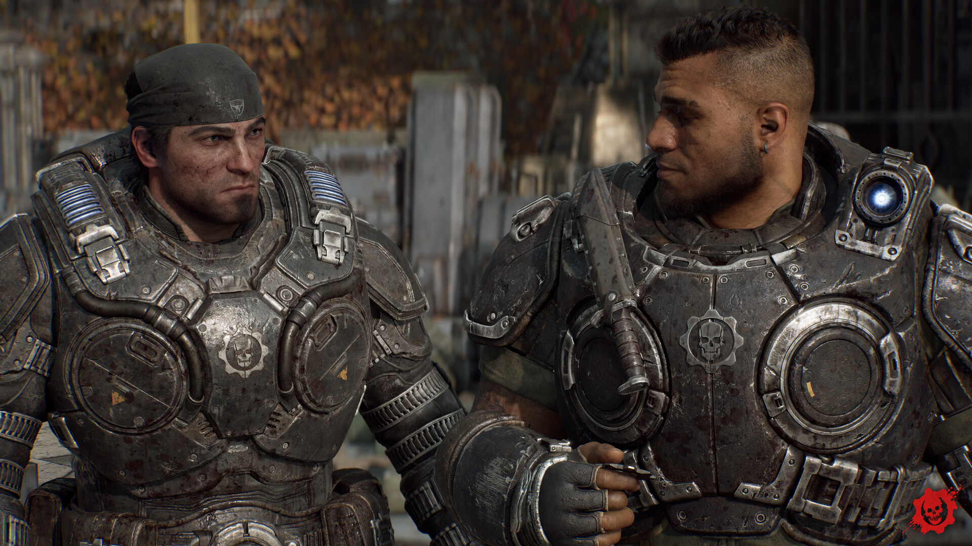 Two Gears in battle-worn armour sit side by side during a lull, one wearing a black bandana