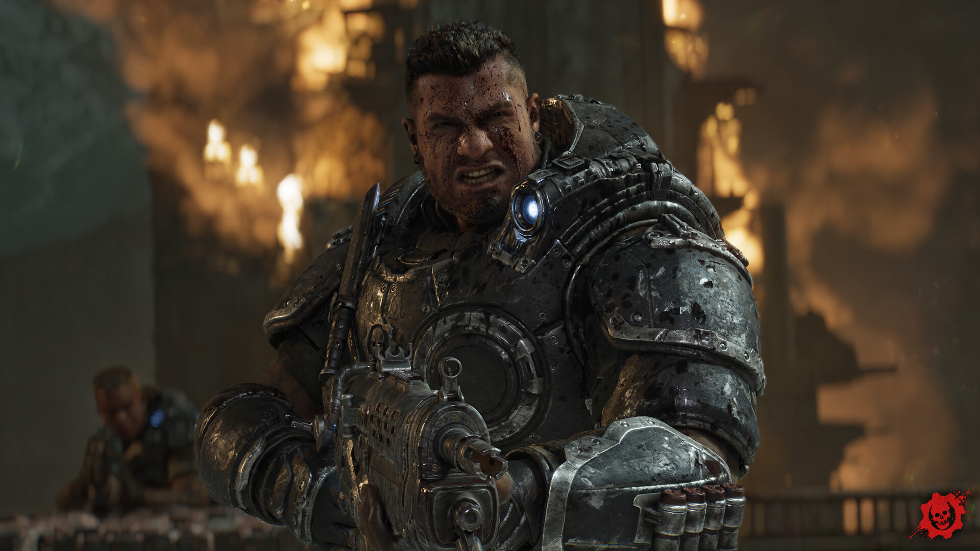 A blood-spattered Gear grits his teeth behind a shotgun as a building burns behind him