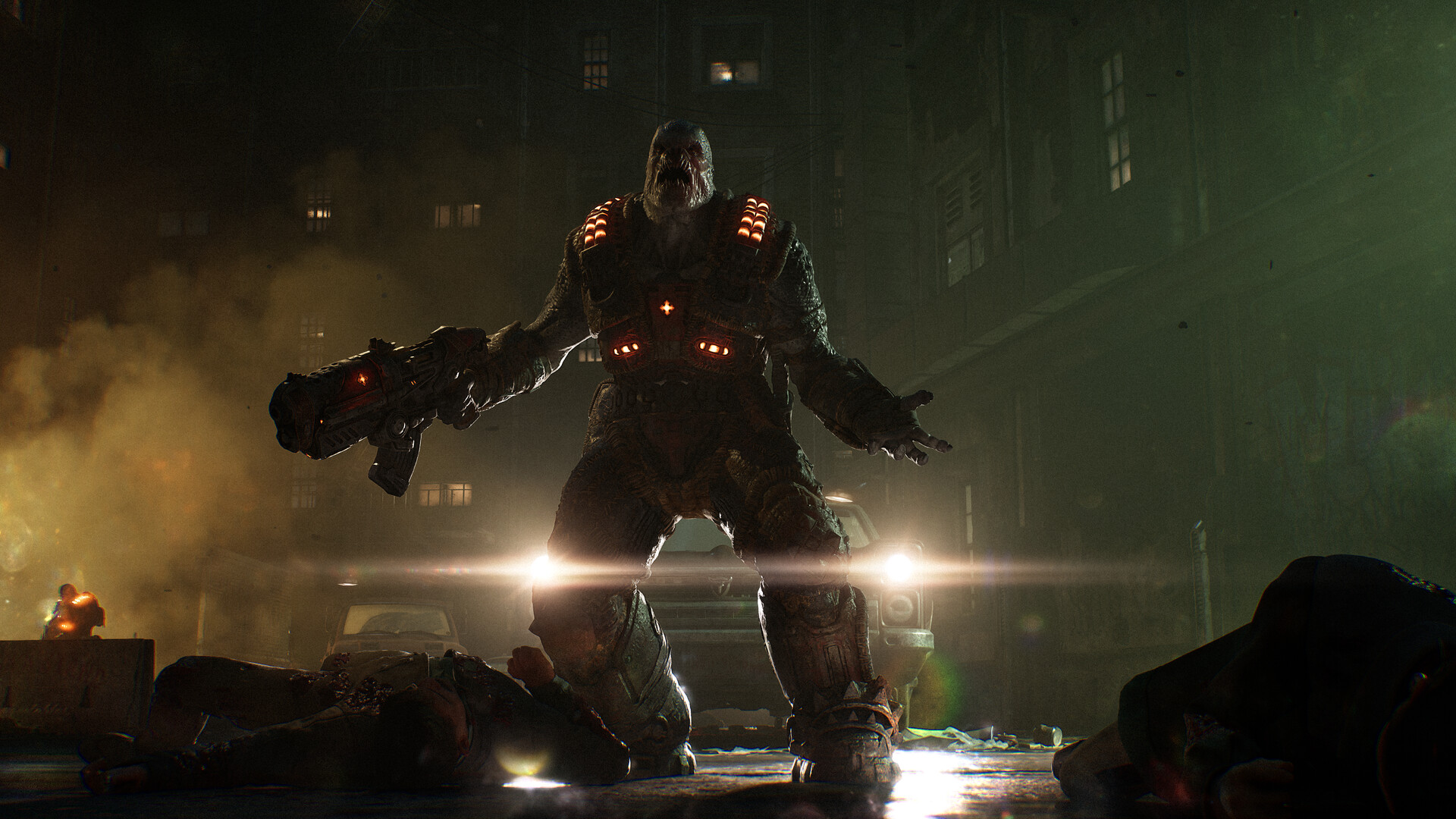 A Locust Drone stands over fallen civilians in a Kalona street at night
